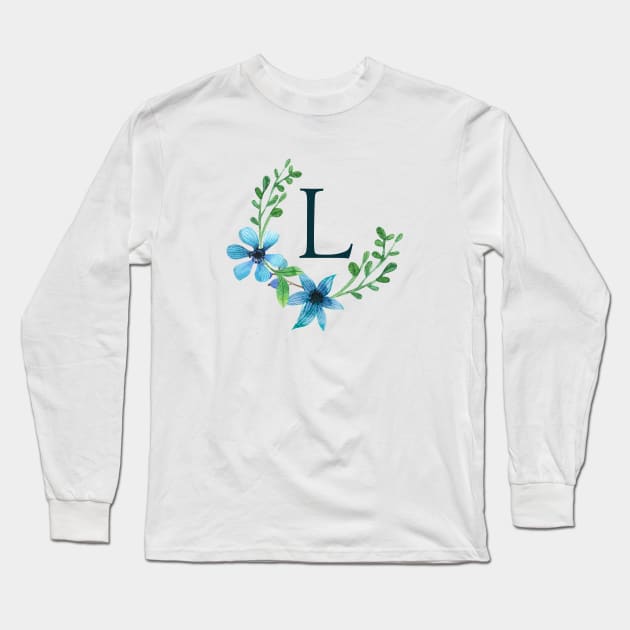 Floral Monogram L Pretty Blue Flowers Long Sleeve T-Shirt by floralmonogram